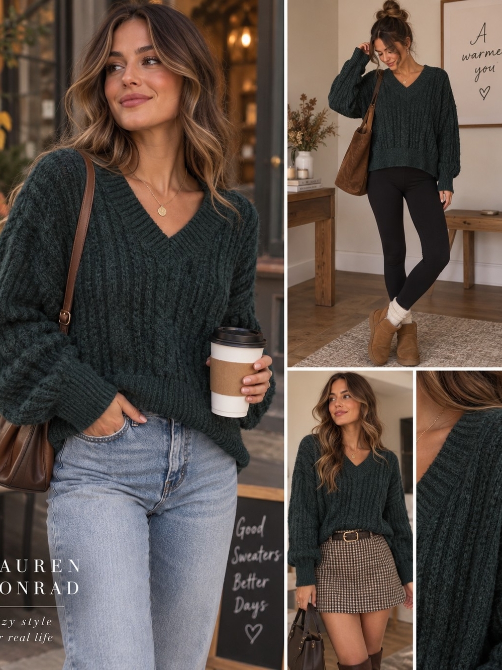 LC Lauren Conrad Forest Green V-Neck Cable Knit Sweater